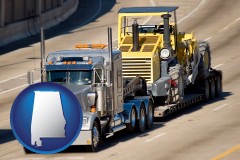 alabama map icon and a semi-truck hauling heavy construction equipment