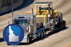 idaho map icon and a semi-truck hauling heavy construction equipment