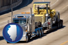 illinois map icon and a semi-truck hauling heavy construction equipment