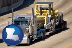 louisiana map icon and a semi-truck hauling heavy construction equipment