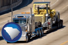 south-carolina map icon and a semi-truck hauling heavy construction equipment