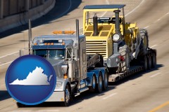 virginia map icon and a semi-truck hauling heavy construction equipment