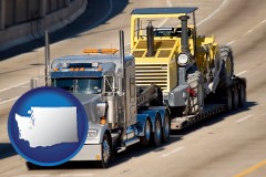 washington map icon and a semi-truck hauling heavy construction equipment