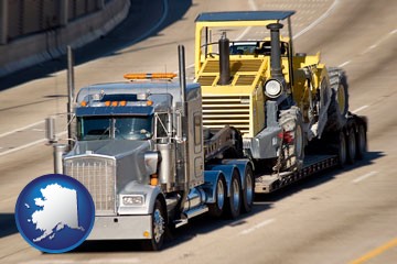 a semi-truck hauling heavy construction equipment - with Alaska icon