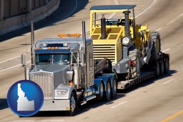 a semi-truck hauling heavy construction equipment - with Idaho icon