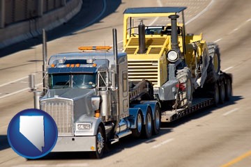 a semi-truck hauling heavy construction equipment - with Nevada icon